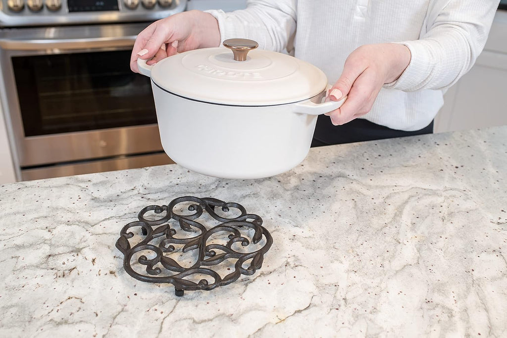 Cast Iron Trivet for Hot Dishes, Pots, and Pans, Metal Trivet, Vine Design, Rubber Feet Caps, Ring Hanger, 8 Inches