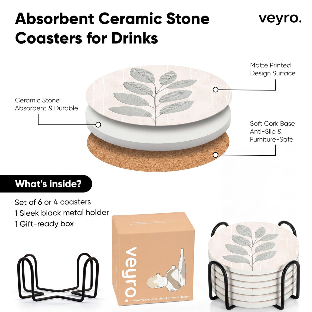 Absorbent Ceramic Stone Drink Coasters Set of 4 with Holder