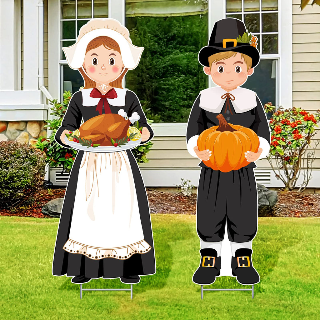 2 Pcs Large Thanksgiving Pilgrim Yard Sign Decor, 33 x 12.6in