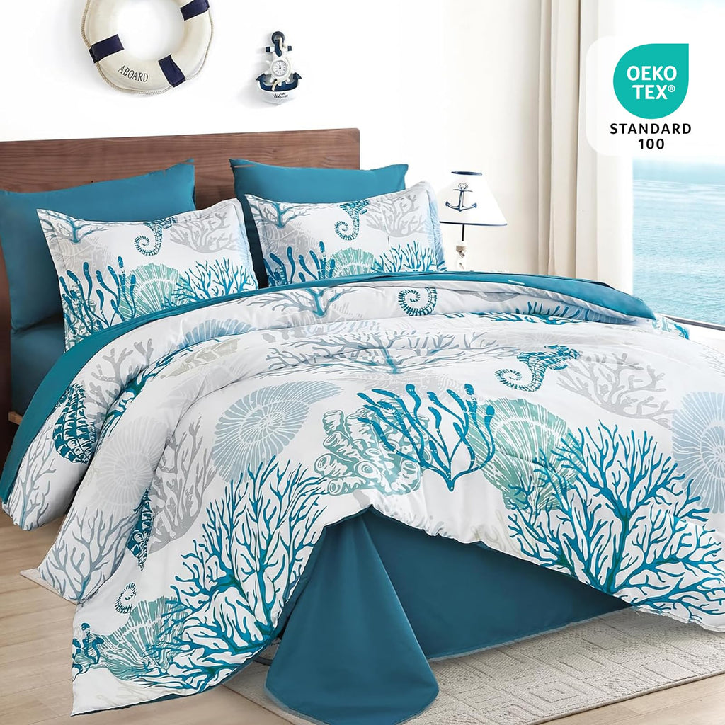 Coastal Comforter Set King, Beach Themed Comforter, 7 Pieces Ocean Nautical Seaweed & Starfish Bed in a Bag (104"×90")