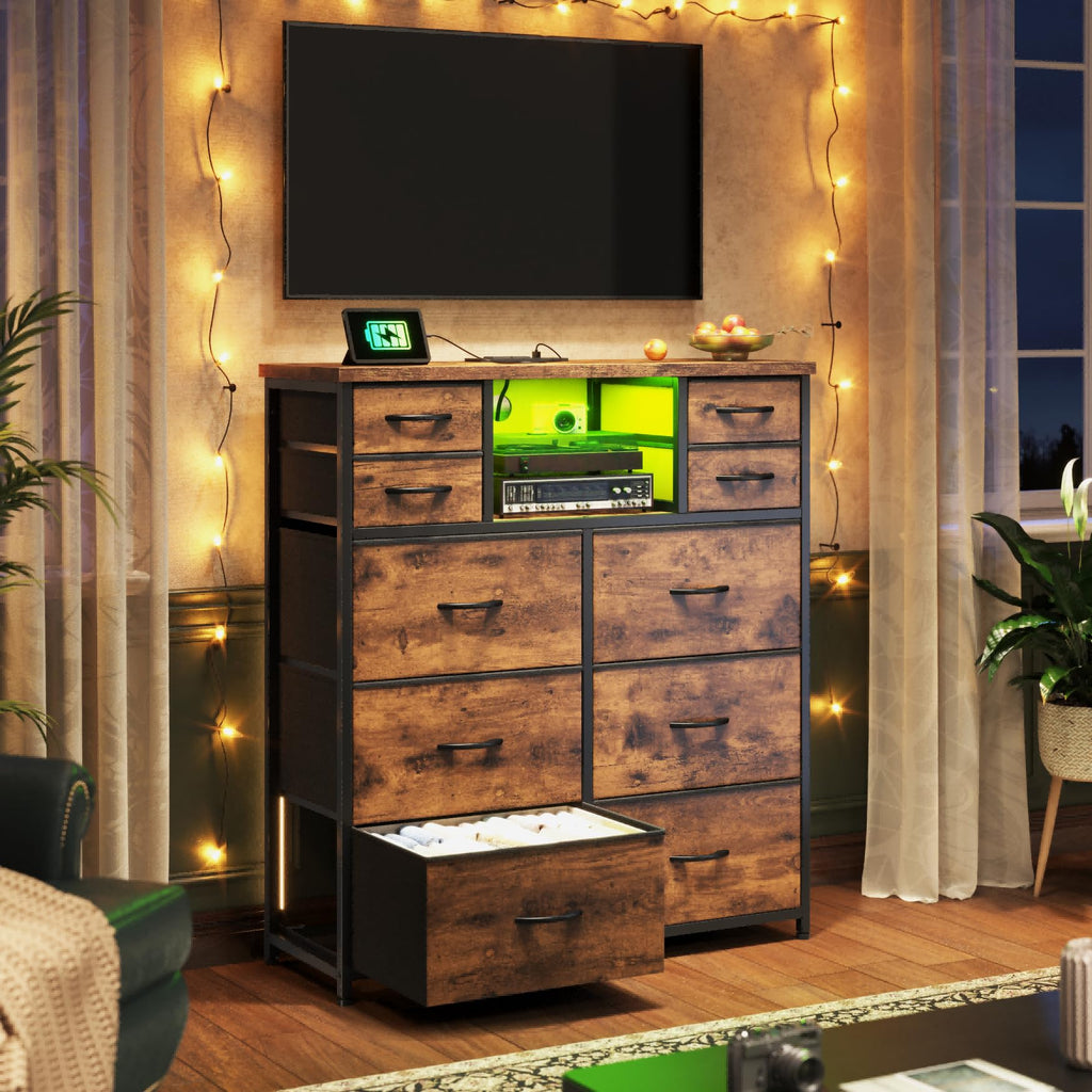10-Drawer Tall Dresser, LED & Charging Station, Brown