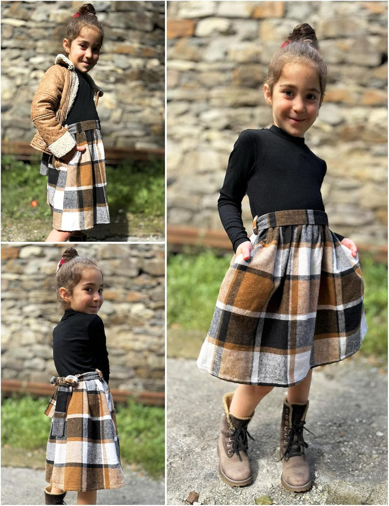 Girls Long Sleeve Rib Knit Plaid Patchwork Dress with Pockets
