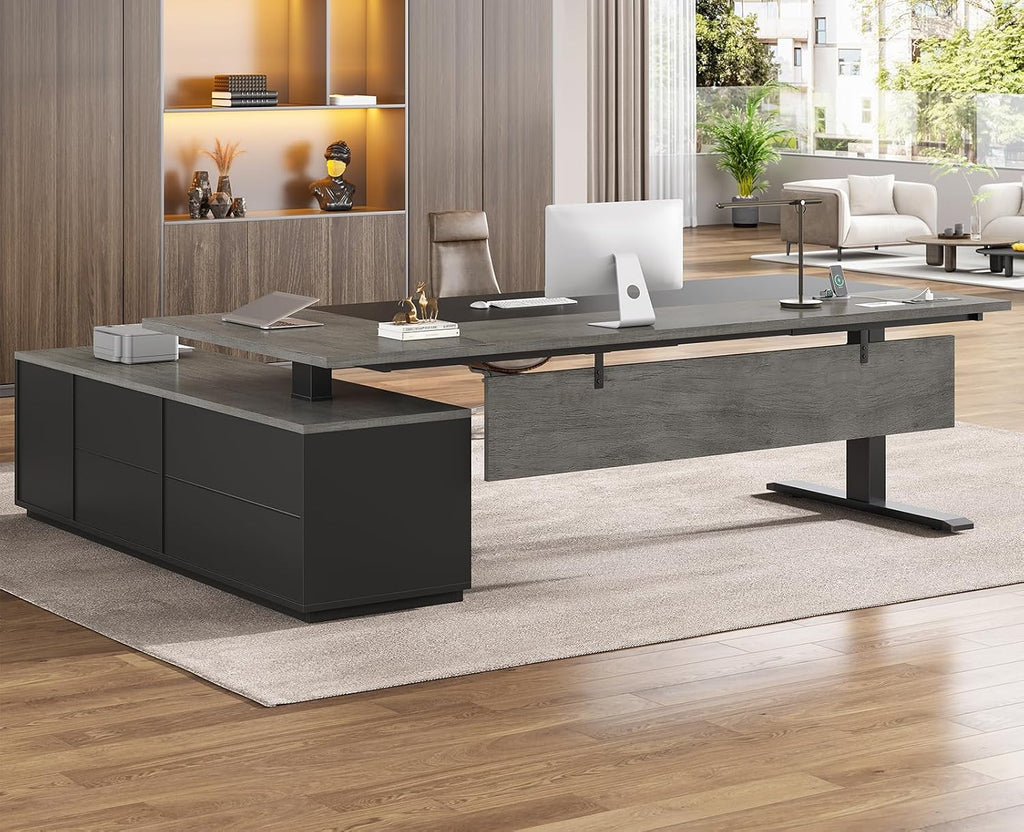 71" Executive Large L Shaped Electric Standing Desk, Grey | Height Adjustable Executive Desk with 3 Drawers and