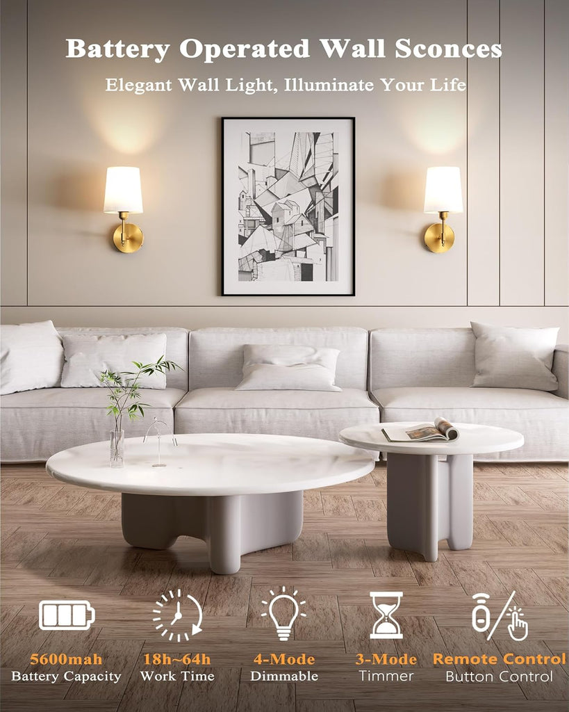 Battery Operated Wall Sconces Set of 2, Wireless Rechargeable Dimmable Wall Light with RGB Bulb and Remote for