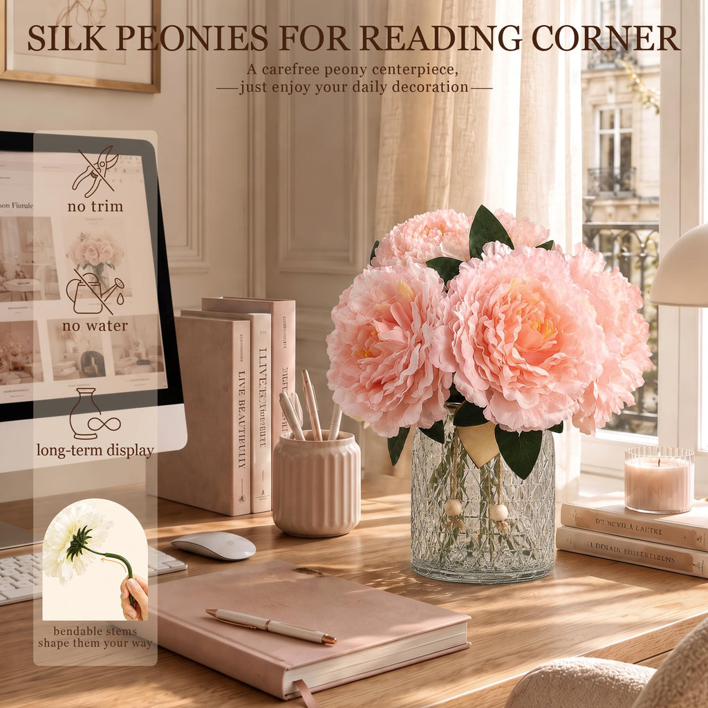 Peonies Artificial Flowers in Vase, Peony Arrangement for Table Decor, Pink