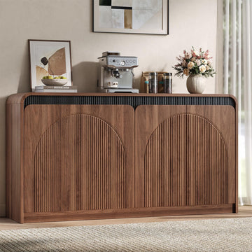 59" Mid Century Modern Sideboard Buffet Cabinet with Storage, Wooden Fluted Arched Console Cabinet with 4-Door