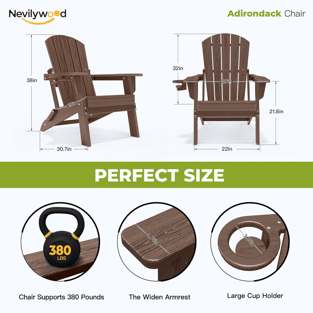 Folding Adirondack Chairs Set of 2, HDPE Cup Holders, Coffee | Patent pinless folding design, 380lbs, Extended
