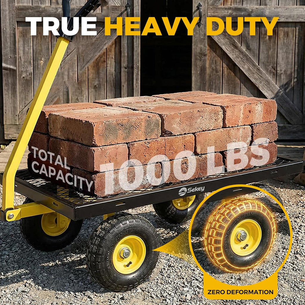 1000lbs Heavy Duty Steel Garden Cart for Yard & Farm, Utility Wagon with Removable Sides (Convert to Flatbed), 10"