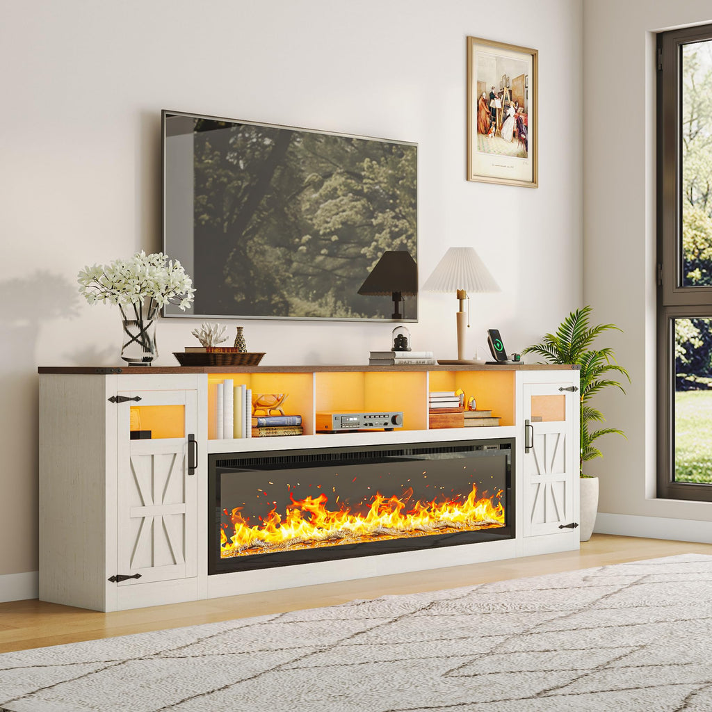 95" Fireplace TV Stand, Farmhouse Entertainment Center for 100" TV, White