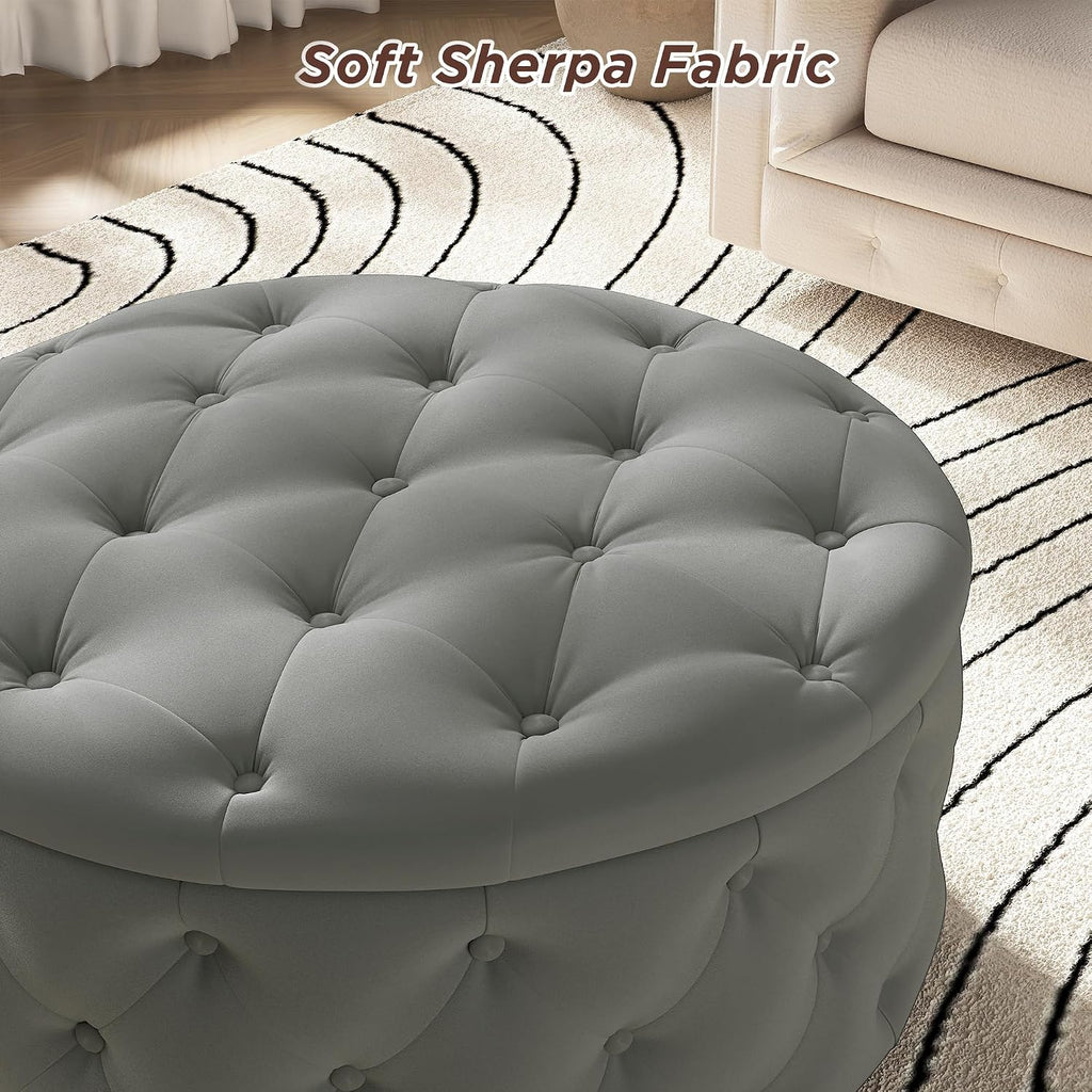 30 Inch Round Ottoman with Storage Tray,Large Coffee Table | Circle Modern Button Footstool with Removable Lid,Cozy