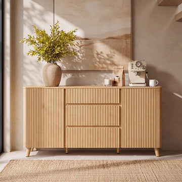 62" Fluted Sideboard Buffet Cabinet with 3 Drawers, Oak