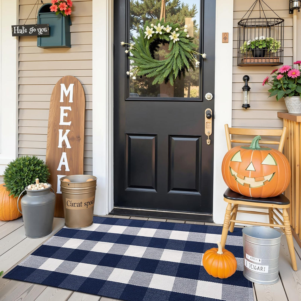 Fall Door Mat, Buffalo Plaid Rug, Navy White Checkered, 2'4" x 3'7"