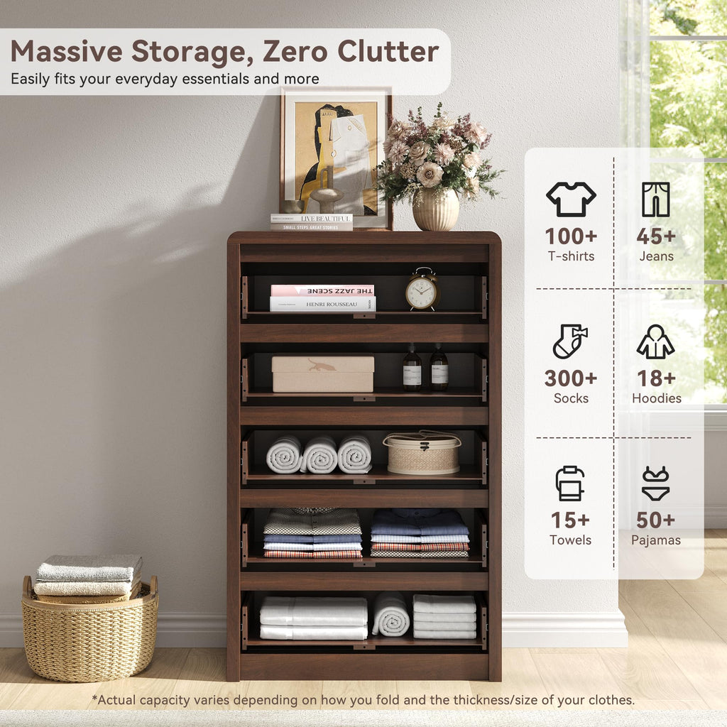 Fluted 5 Drawer Dresser, 48" Tall Modern Dresser & Chest of Drawers with Curved Profile Design, Wood Mid Century