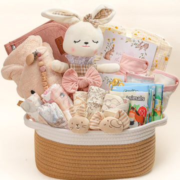 Baby Girl Gifts for Newborn, Baby Girl Gift Basket with Bunny Plush Toy, Onesie, Blanket & Diaper Caddy Organizer