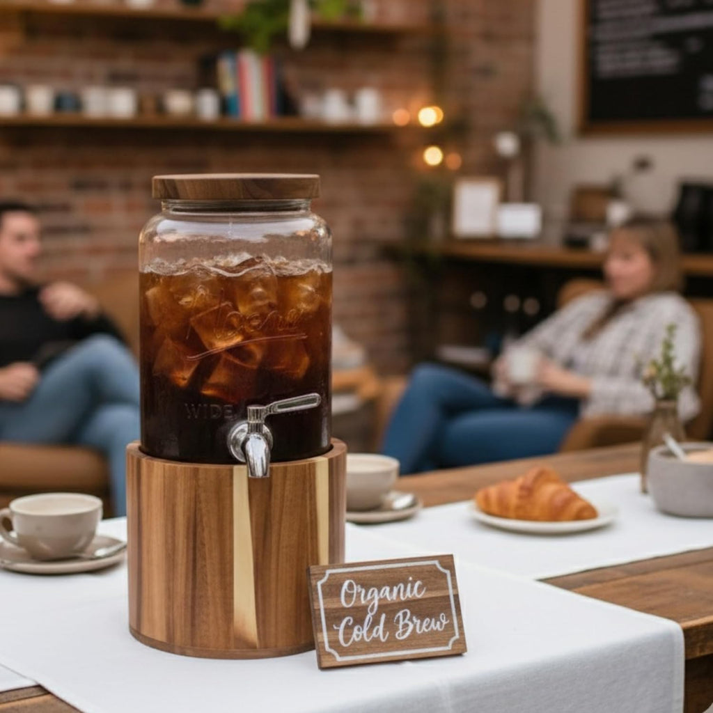 1 Gallon Glass Water & Lemonade Dispenser with Wooden Lid & Stand - Mason Jar Beverage Dispenser with Stainless Steel