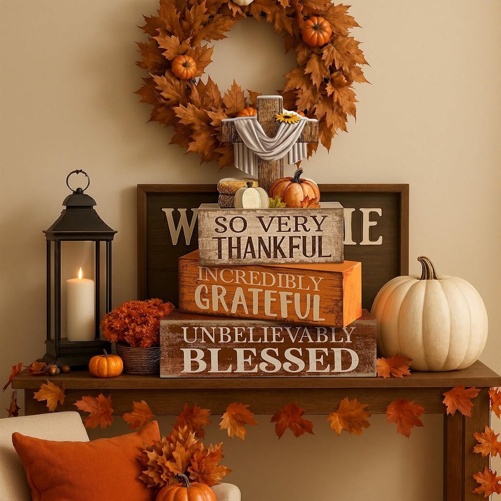 Fall Table Decoration Religious Cross Stacked Signs - Set of 4