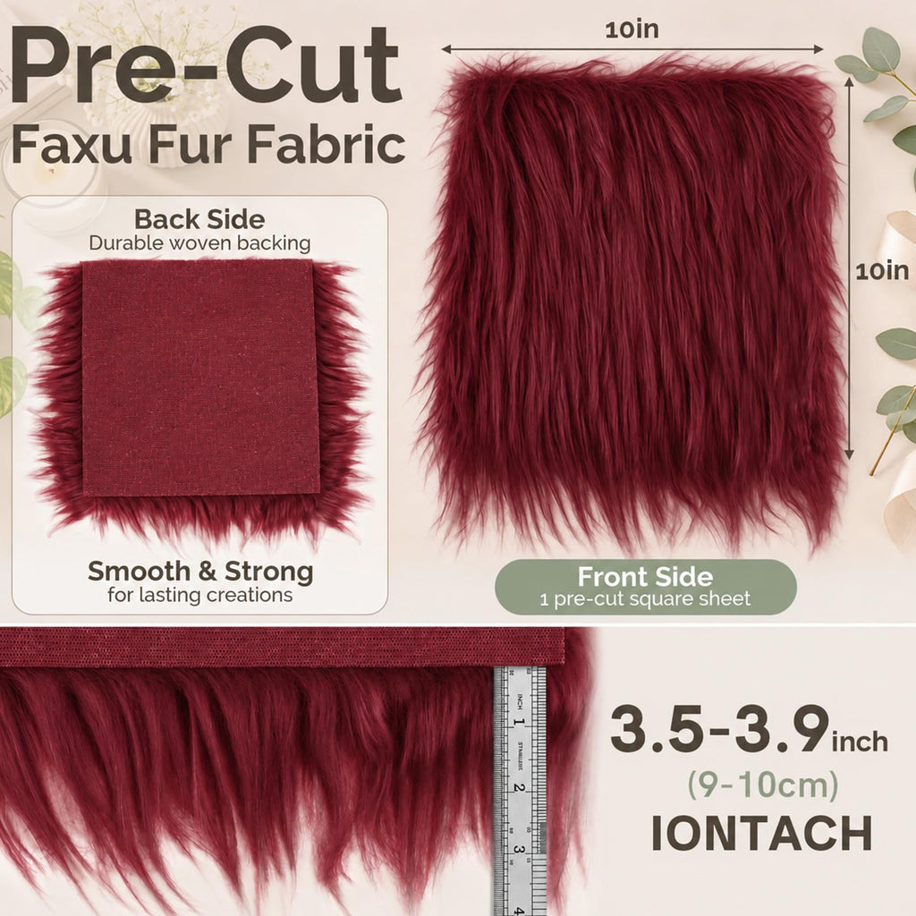 10 x 10 Inch Faux Fur Fabric, Shaggy Craft Fur (Burgundy)