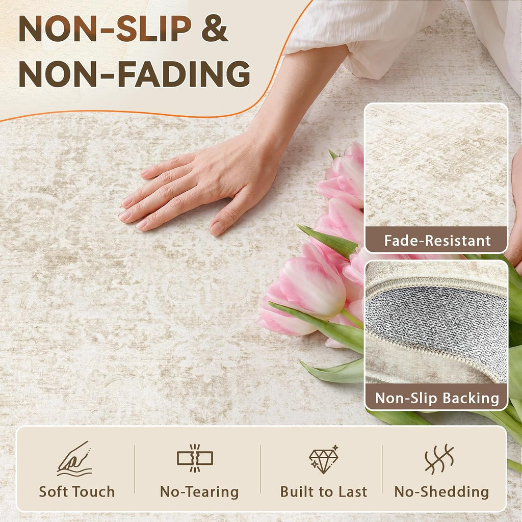 Area Rugs : Washable Vintage Boho Medallion Non Slip Low Pile Rug Soft Retro Distressed Stain Resistant Indoor