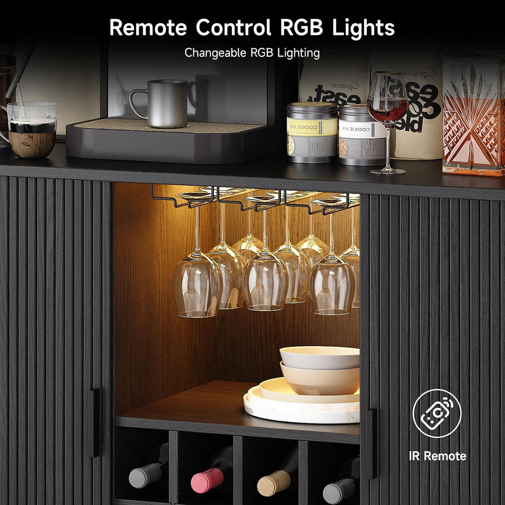 55" Fluted Wine Bar Cabinet with LED Light Black | Liquor Coffee Bar Cabinet, with Wine Rack and Glass Holder