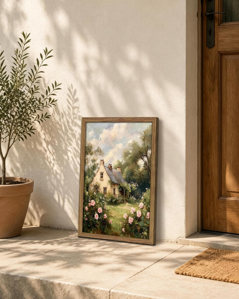 English Cottage Framed Canvas Wall Art, Vintage Garden Cottage Painting Print Picture, Cottagecore Farmhouse