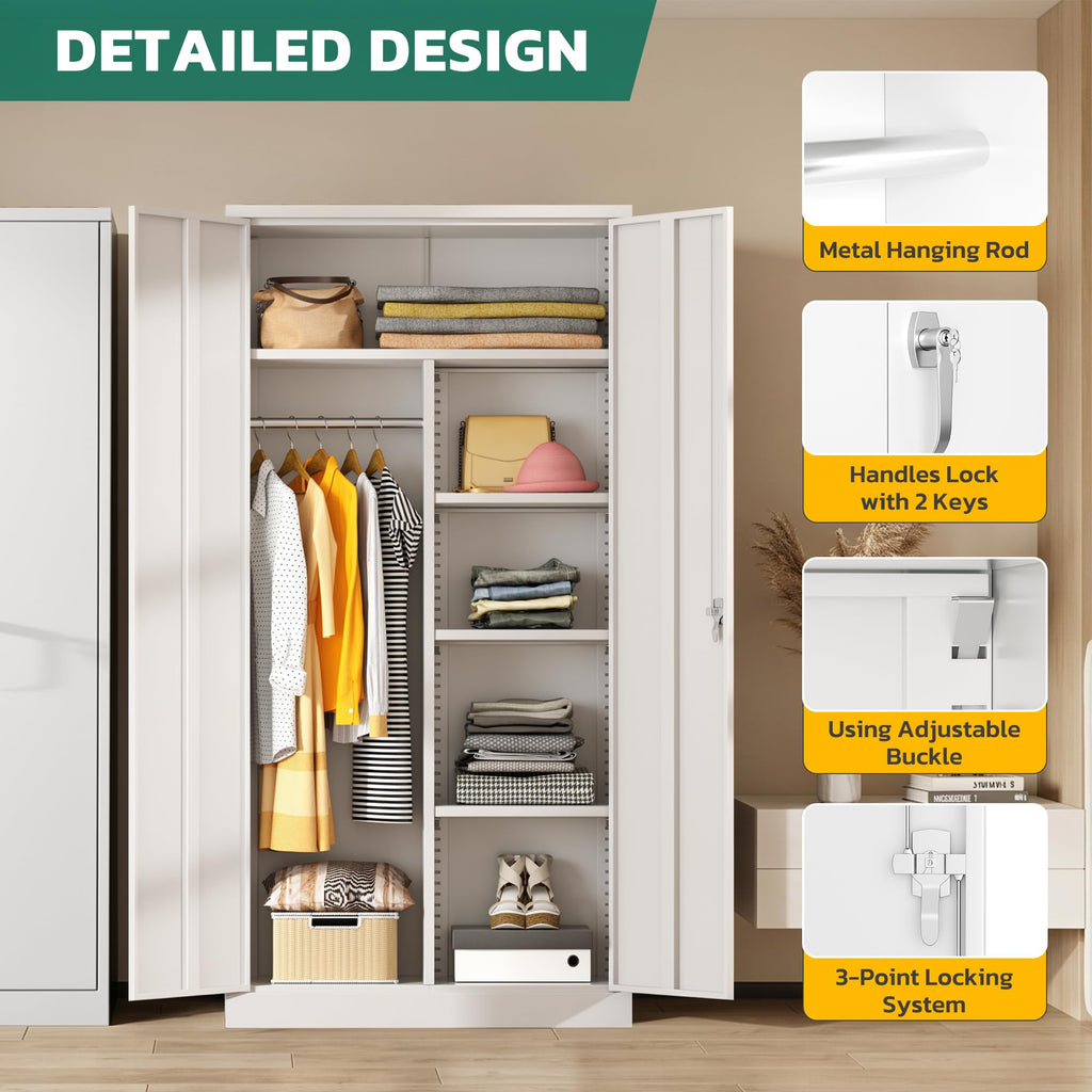 Metal Wardrobe Cabinet with Locking Doors, 72"H White Metal Wardrobe Closet with Hanging Rods and Adjustable Shelves