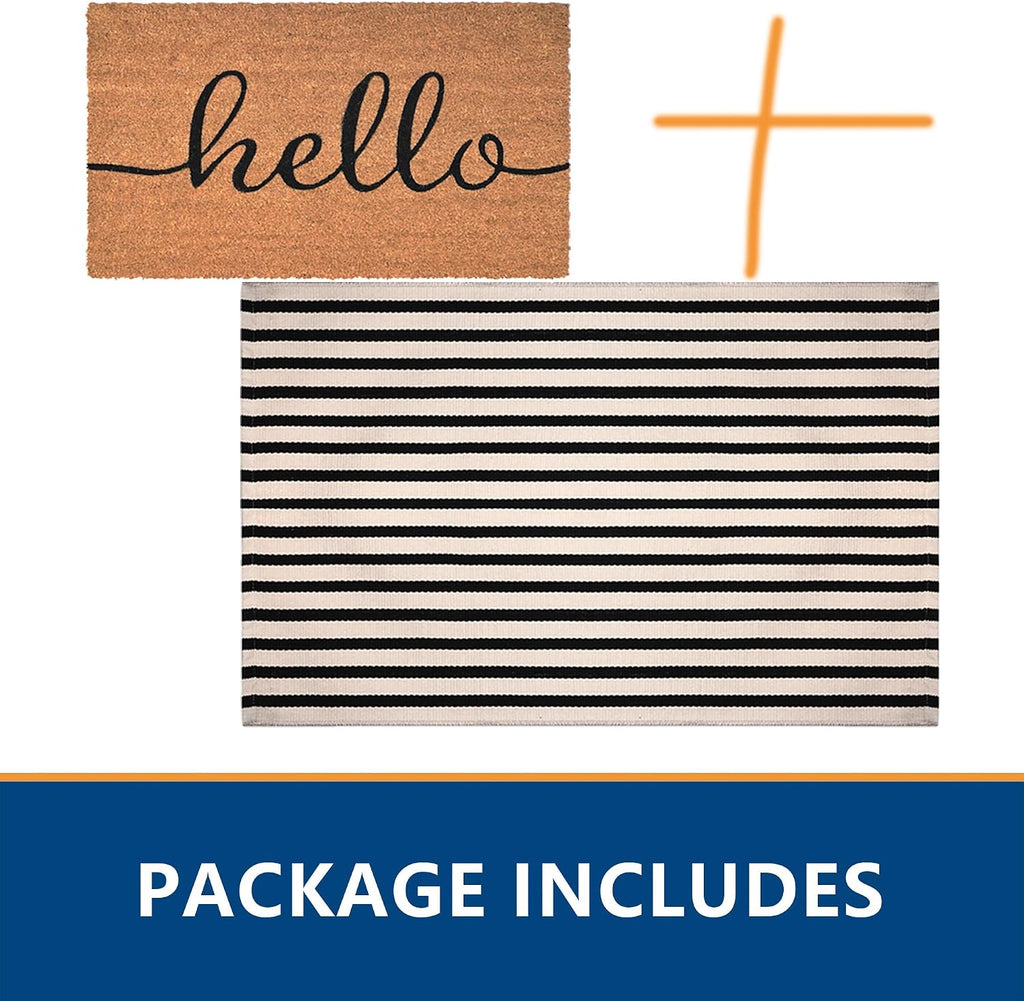 Front Door Mat Combo Set, Hello 100% Coco Coir Welcome Doormat + 28" x 43" Layered Buffalo Black and White Striped