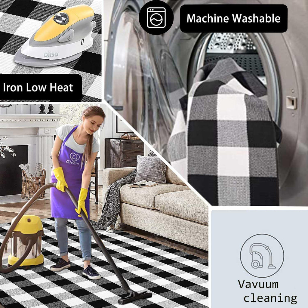 Buffalo Plaid Outdoor Rug Washable Rugs,Black and White Checkered Rug,Cotton Hand-Woven Indoor or Outdoor