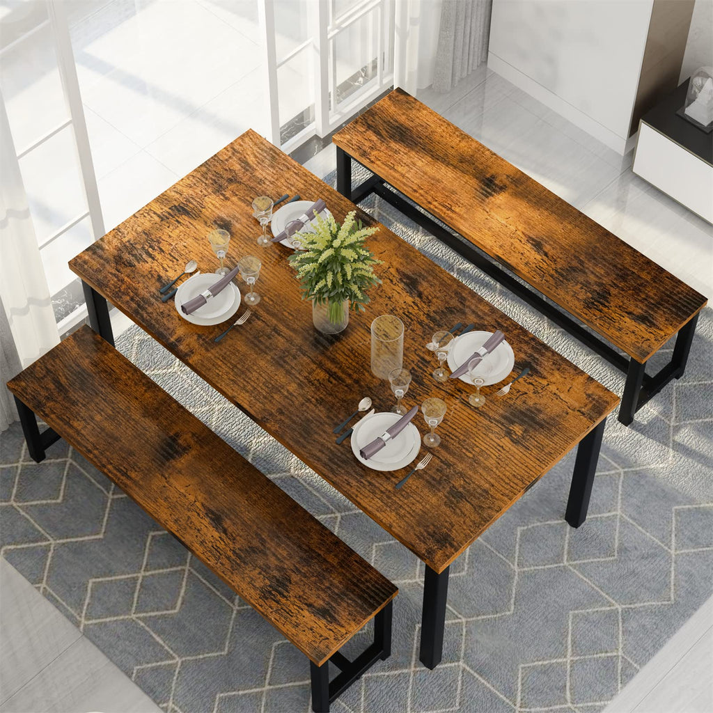 Dining Table Set for 4, Kitchen Table and Chairs for 4, Faux Marble Dining Room Table with 2 Benches, Space Saving