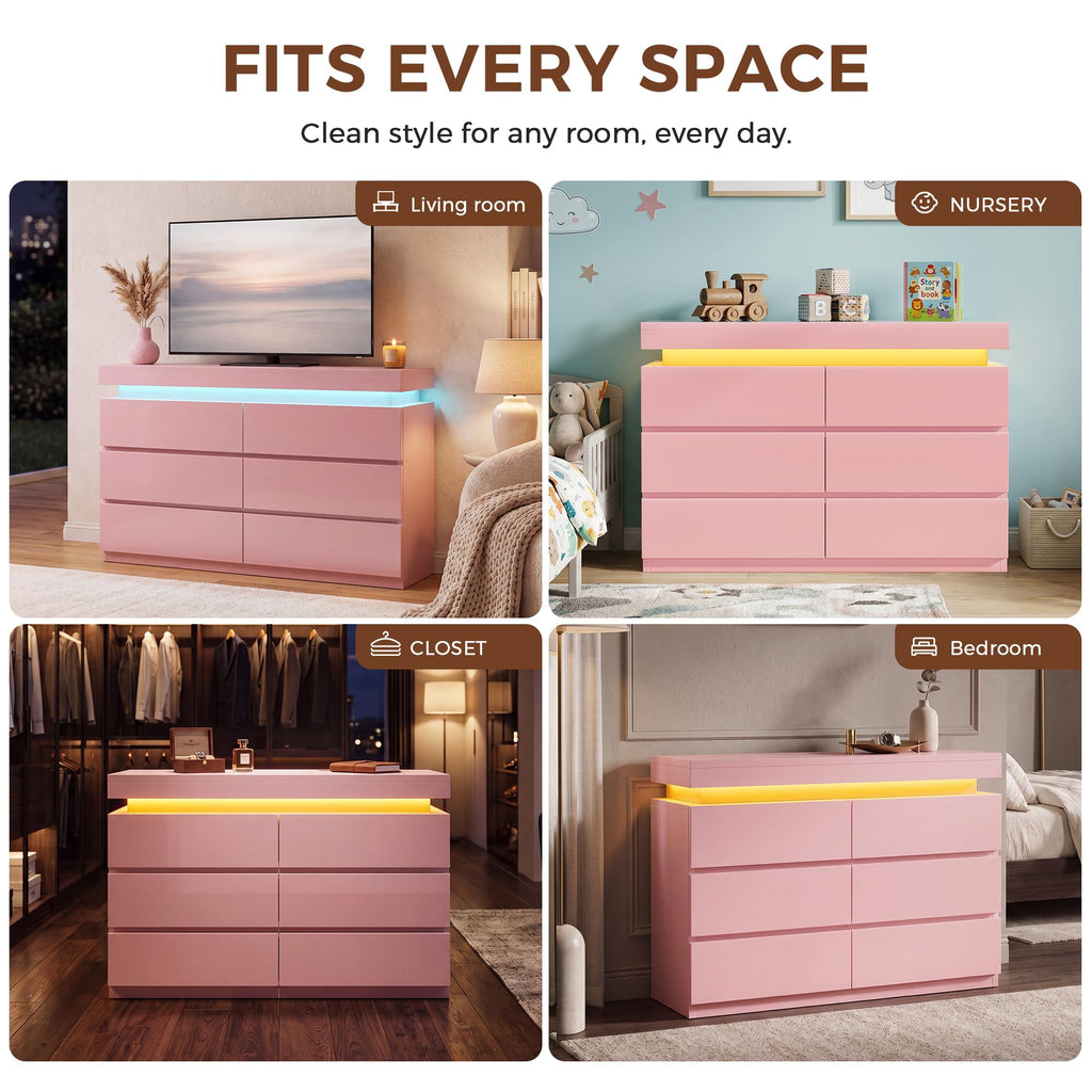 6 Drawer Dresser with LED Lights and Charging Station, Modern Pink Dresser