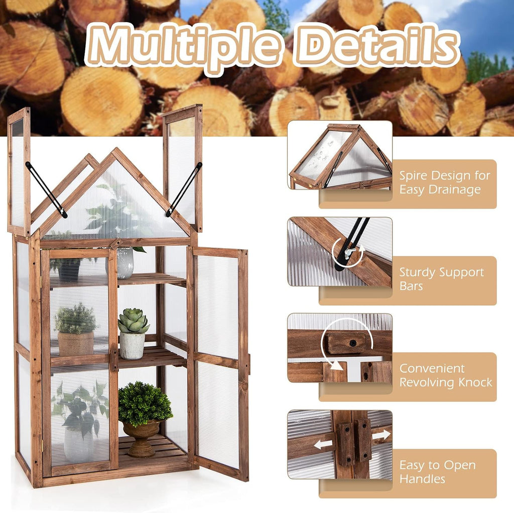 Wooden Cold Frame Greenhouse with 3 Removable Shelves for Outdoor | Portable Raised Flower Planter Shelf w/
