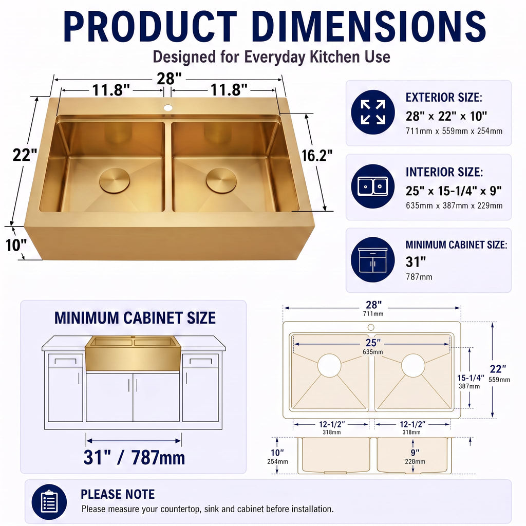 28 Inch Apron Front Farmhouse Double Bowl Gold Kitchen Sink