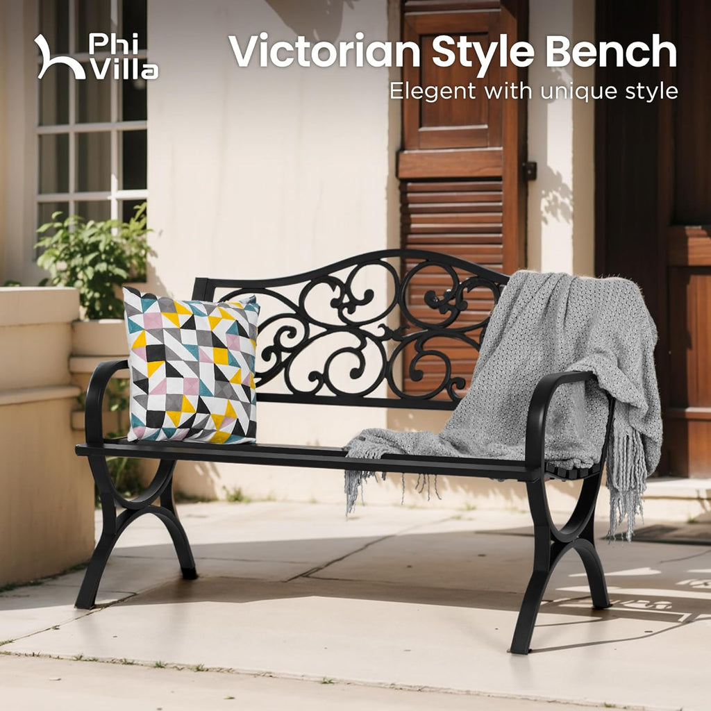 50 Inches Cast Iron Steel Frame Outdoor Garden Bench, Black | E-coating Floral Design Backrest, Slatted Seat