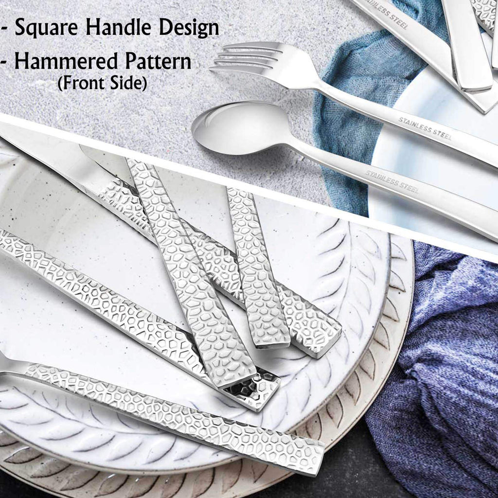 Hammered Silverware Set, Stainless Steel Square Flatware Set Service for 4, Tableware Cutlery Set Includes