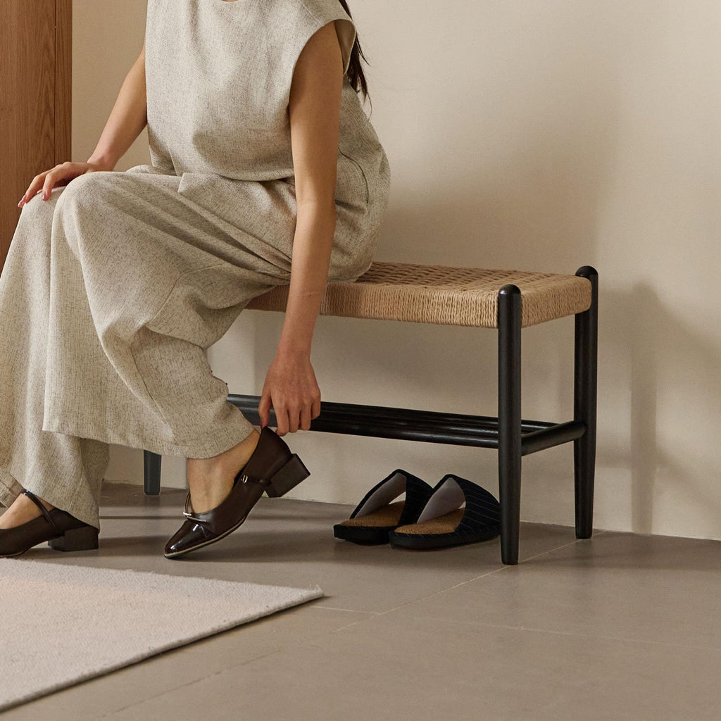 Solid Wood Shoe Bench, Woven Shoe Rack Bench Assembled, 11.8" x 23.6" x 16.1", Oak Wood, Natural