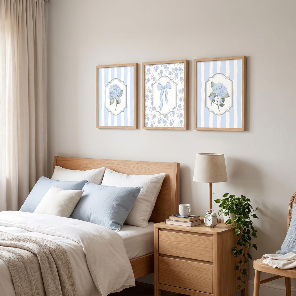 Blue Hydrangea Framed Wall Art Set of 3, Light Blue Wall Decor with Watercolor Flowers and Bow, Wood Framed Coastal