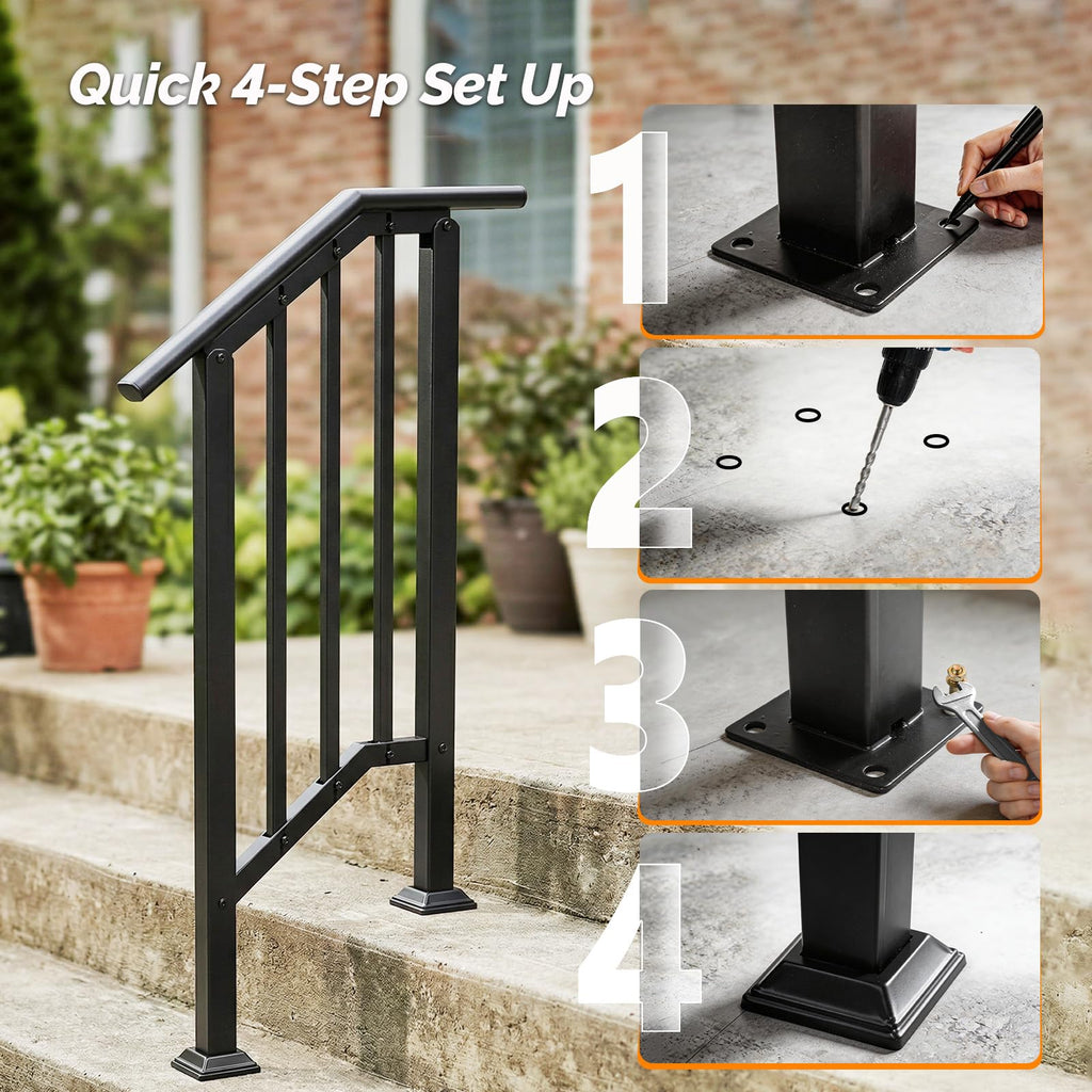 2 Pack 2 Step Handrails for Outdoor Steps, Wrought Iron Stair Railing Fits 1 or 2 Steps, Metal Hand Railing with