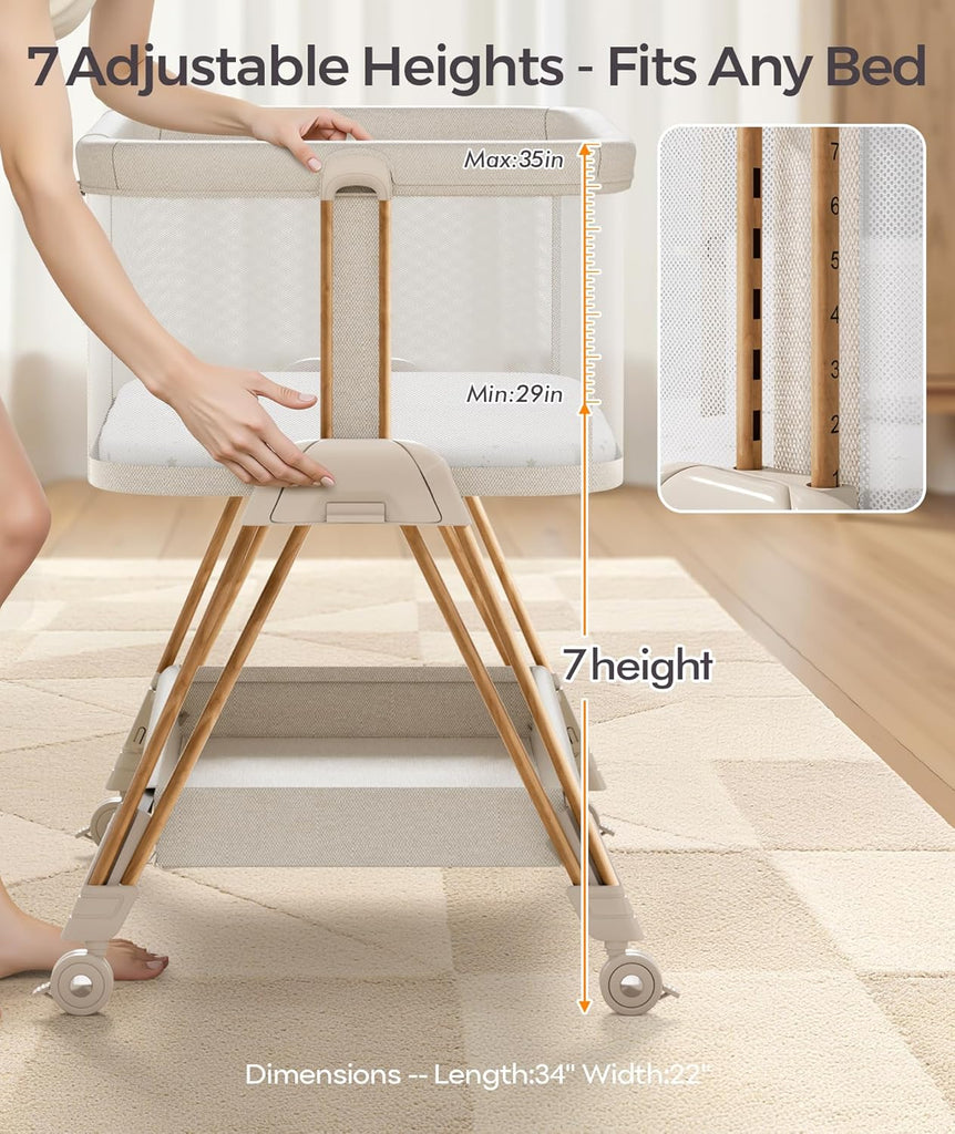 Baby Bassinets Bedside Sleeper - 3-in-1 Baby Bassinet with Wheels, Soft Mattress, Storage Tray, Full-Mesh Sides