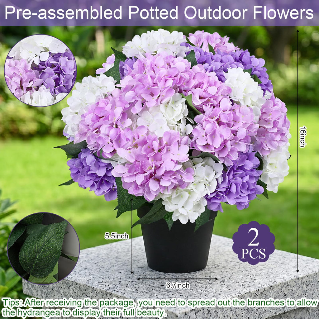 2 Pack Faux Outdoor Potted Hydrangeas, 16'' Pre-Potted Bush