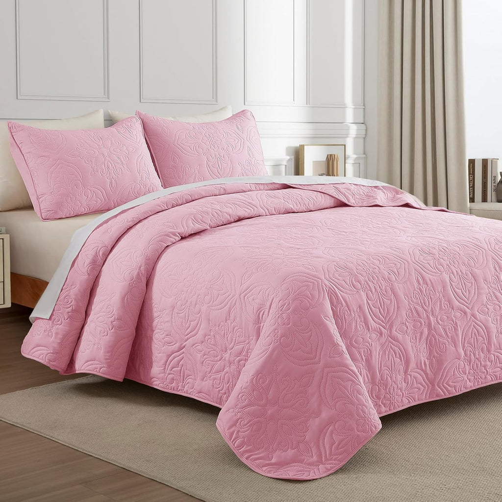 Soft Queen Quilt Bedding Set for All Seasons, Vintage Damask Ultrasonic Full Quilts Set, Lightweight Reversible