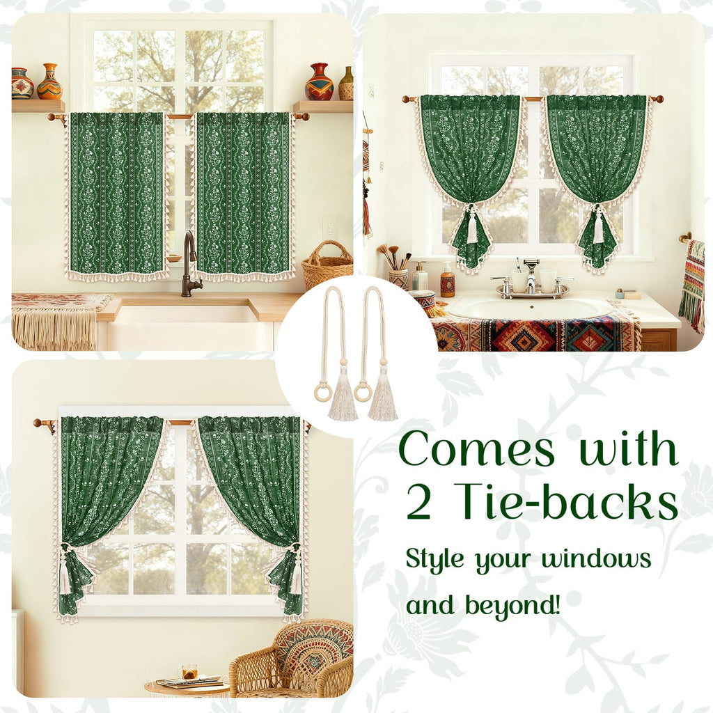 Boho Kitchen Curtains 36 Inch Length Vintage Linen Cafe Curtains Light Filtering Bohemian Floral Tier Rod Pocket