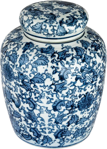 Medium Decorative Ceramic Ginger Jar with Lid, Blue and White Floral Pattern