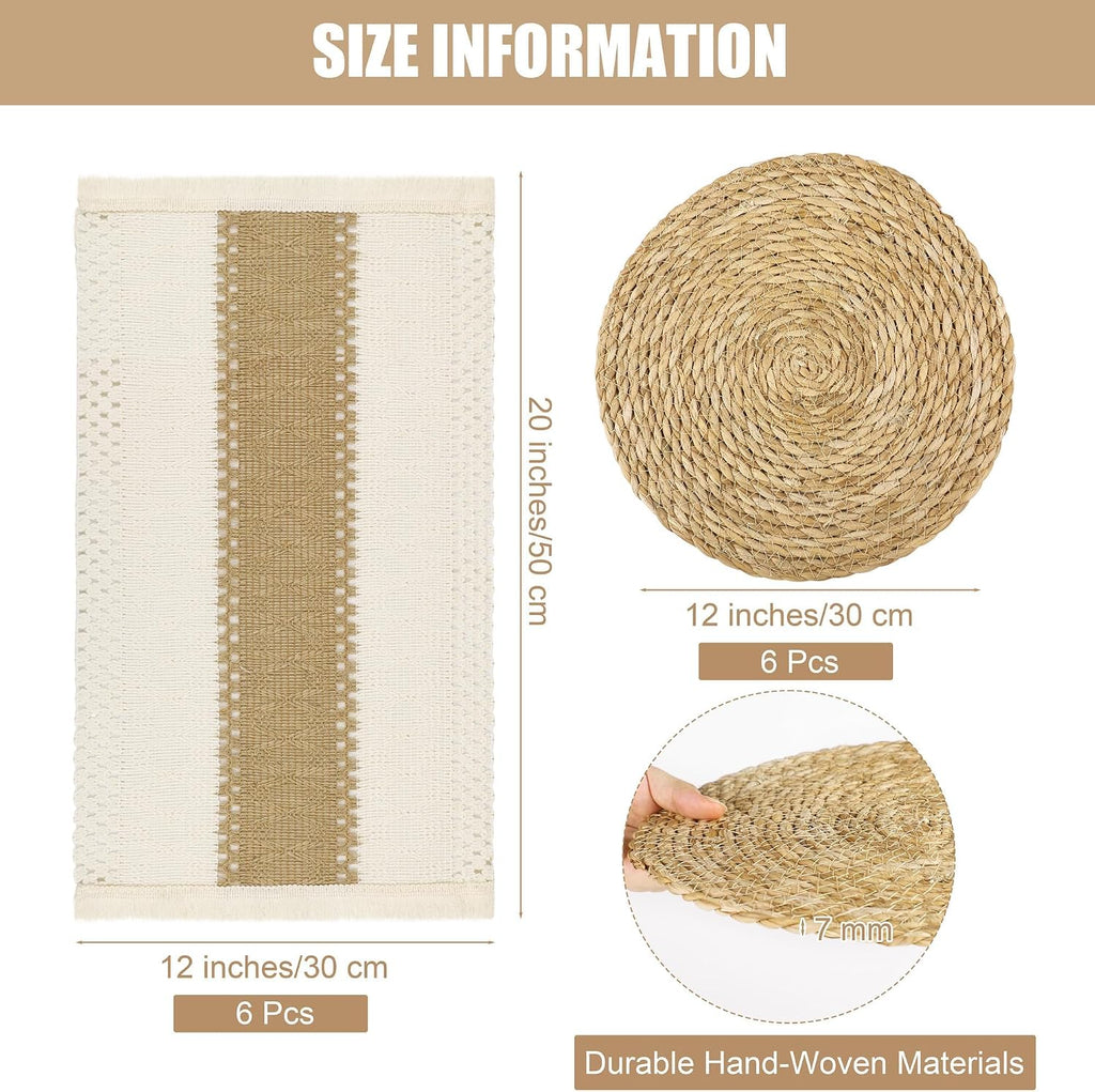 Set Handmade Boho Placemats Natural Cotton Burlap Table Mats, 6 Rectangle with Tassel & 6 Round Bulrush Placemats - Set of 12