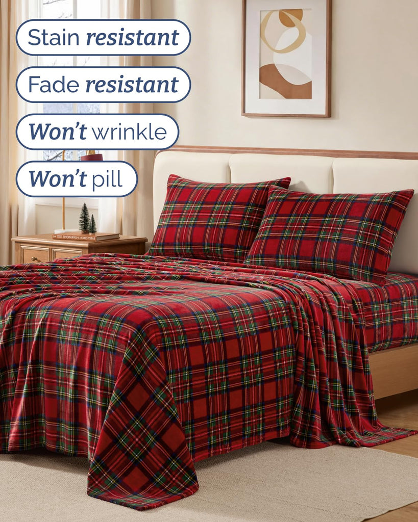 Fleece Sheets Twin Size Set - 3-Piece Velvet Flannel Sheet Set - Tartan