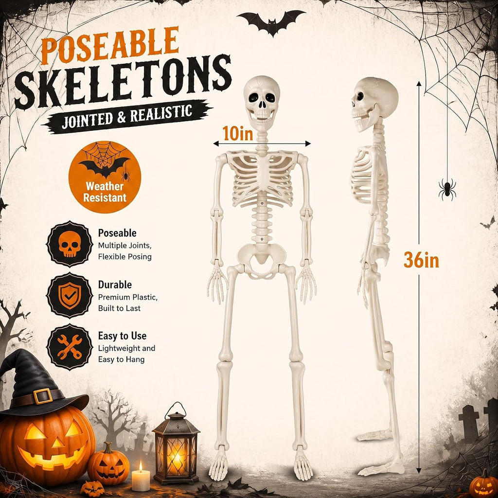 36" Halloween Skeleton, 3 ft Human Skeleton Full Body Posable Joints Plastic Skeleton for Halloween Decoration, Yard