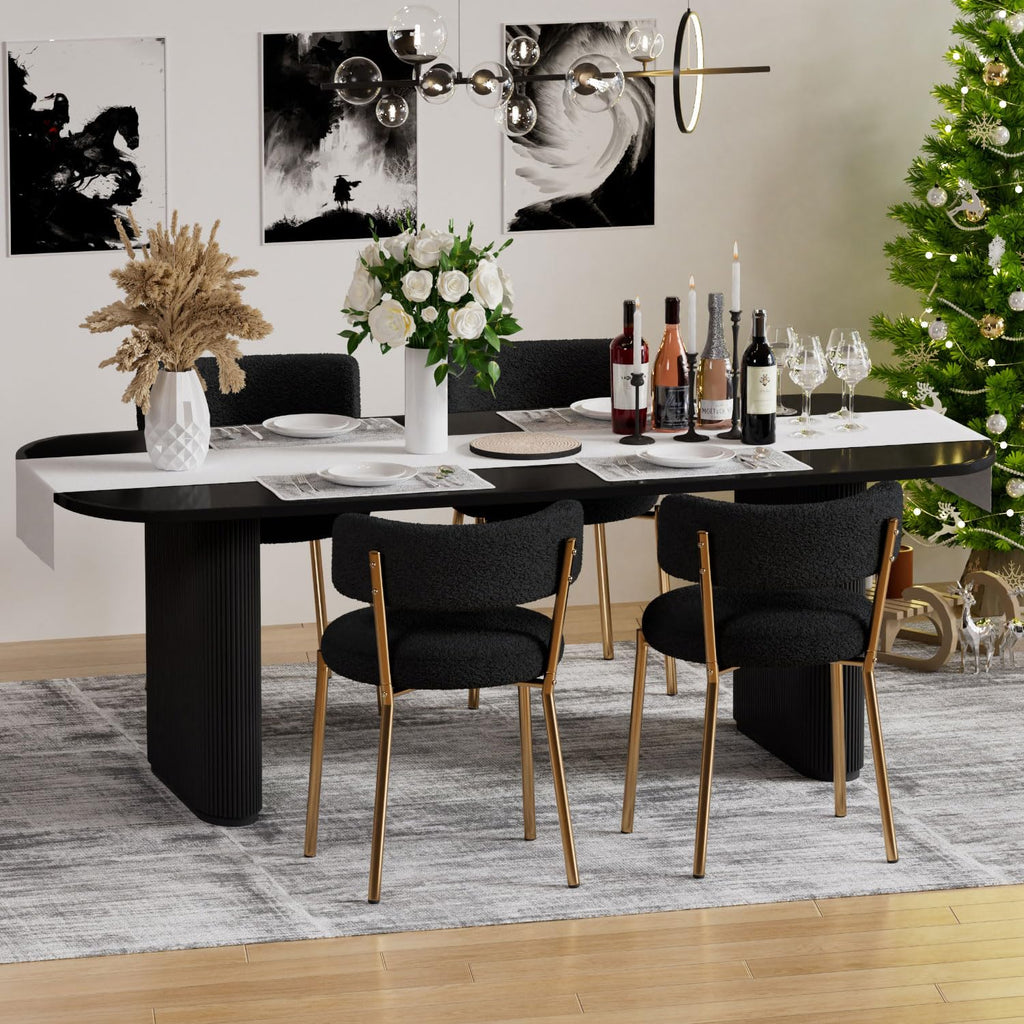 Boucle Set of 2, Modern Round Upholstered, Curved Backrest Kitchen Dining Room Chairs, Mid-Century Black Dining