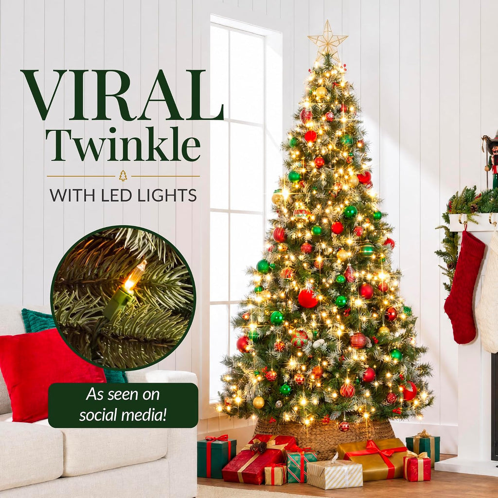 Christmas Tree Pre-Lit w/Viral Twinkling Lights, Pre-Decorated Artificial Frosted Pine Holiday Decoration w