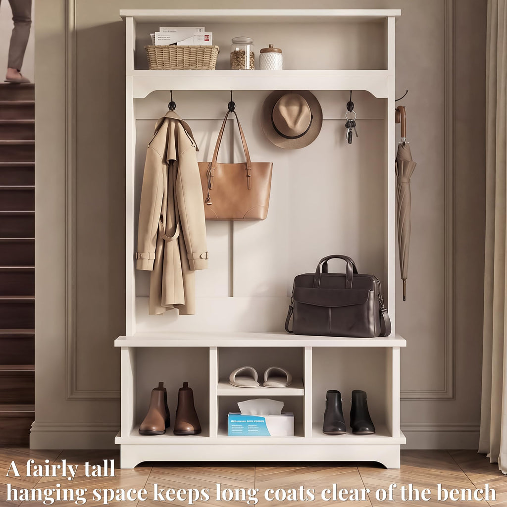 71" Hall Tree with Bench and Shoe Storage, Wood Entryway Coat Rack, White