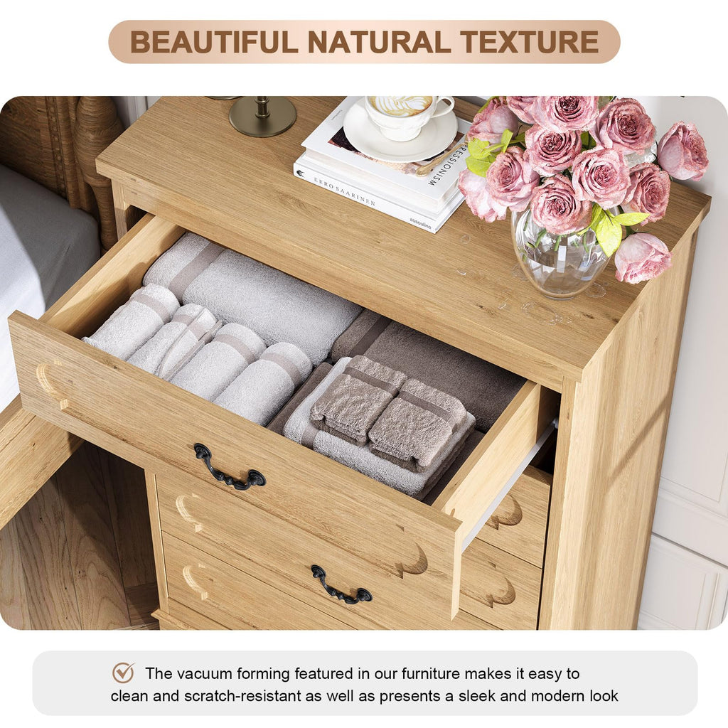 5 Drawer Natural Bedroom 46" Tall Wood Cabinet