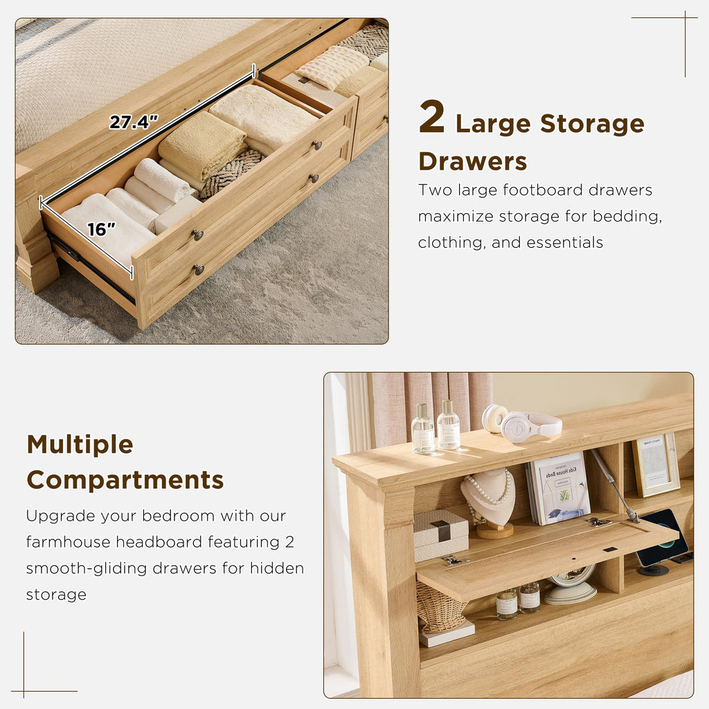 Farmhouse Bed Frame with Charging Station, 2 Footboard Drawers