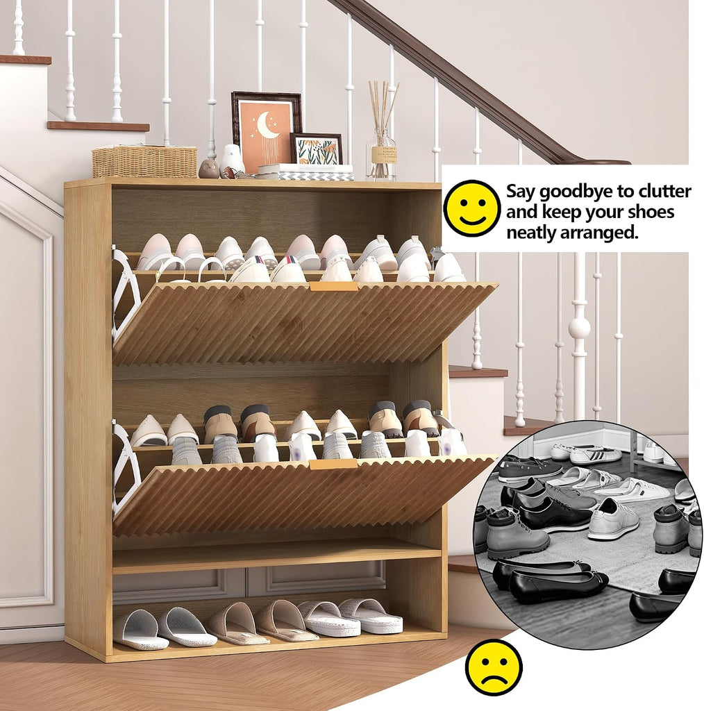 Shoe Cabinet , Narrow Freestanding Shoe Cabinet Storage with 2 Flip Drawers, Open Bottom Shelf & Side Hooks, Slim